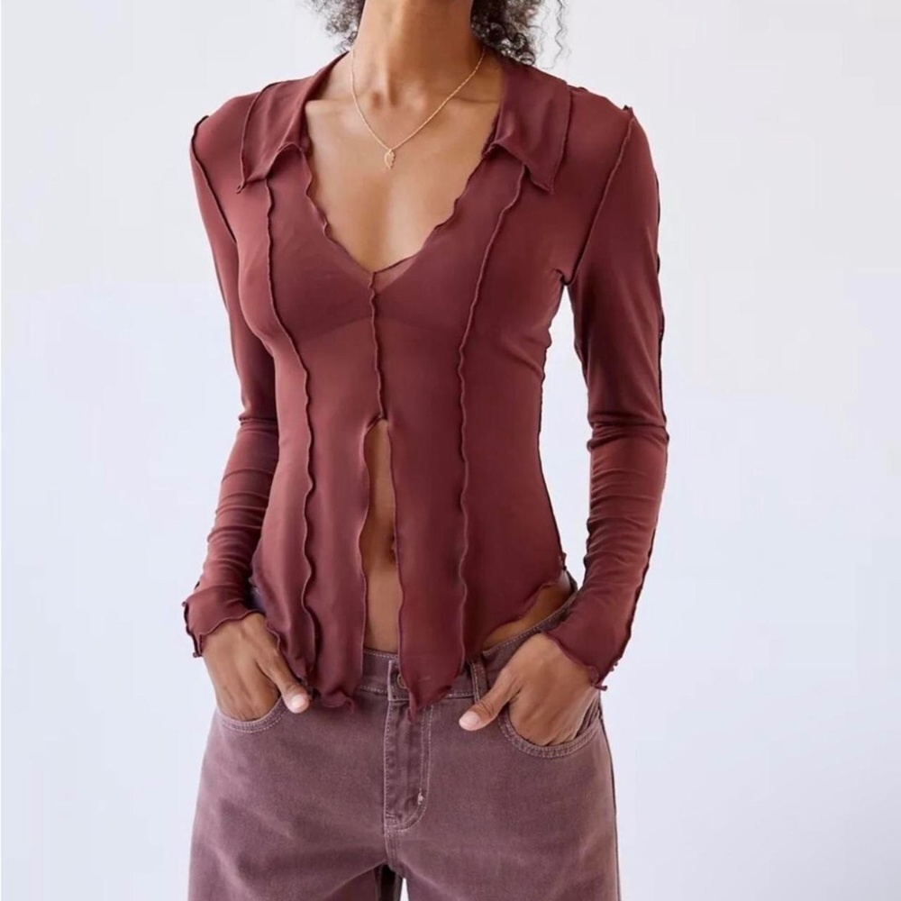 Urban Outfitters Y2K Sheer Flyaway LS Top Burgundy - Size Medium